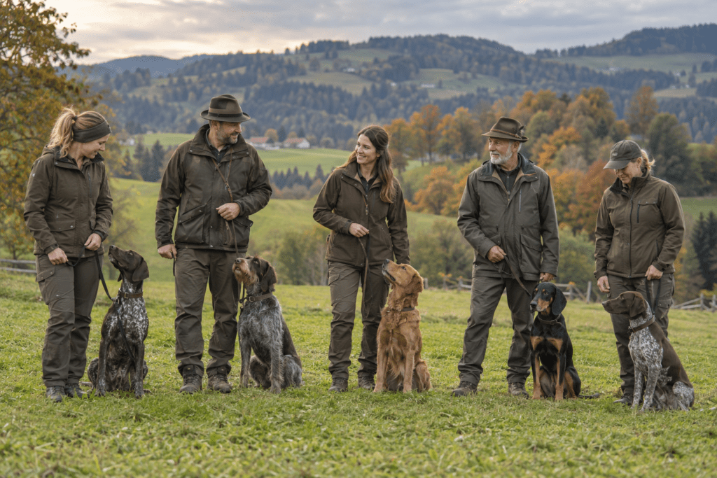 Gruppe von Hundeführern mit Jagdhunden beim Grundkurs